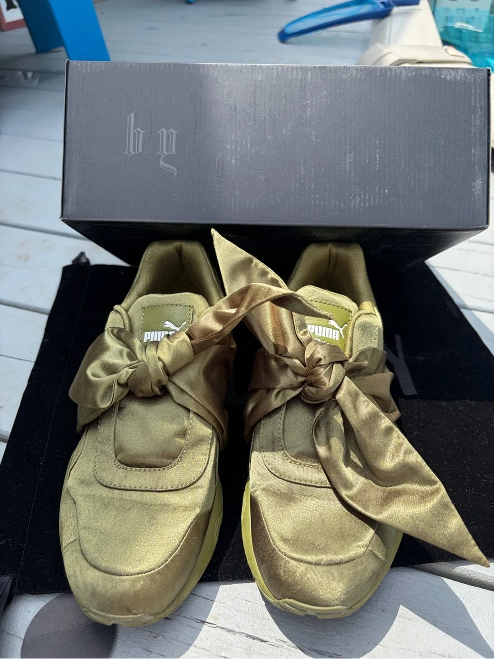Women's Olive Green Satin Bow Chunky Sneakers